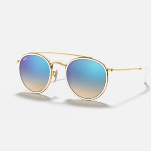 Ray-Ban Round Double Bridge Sunglasses Arista Gold Blue Flash $229